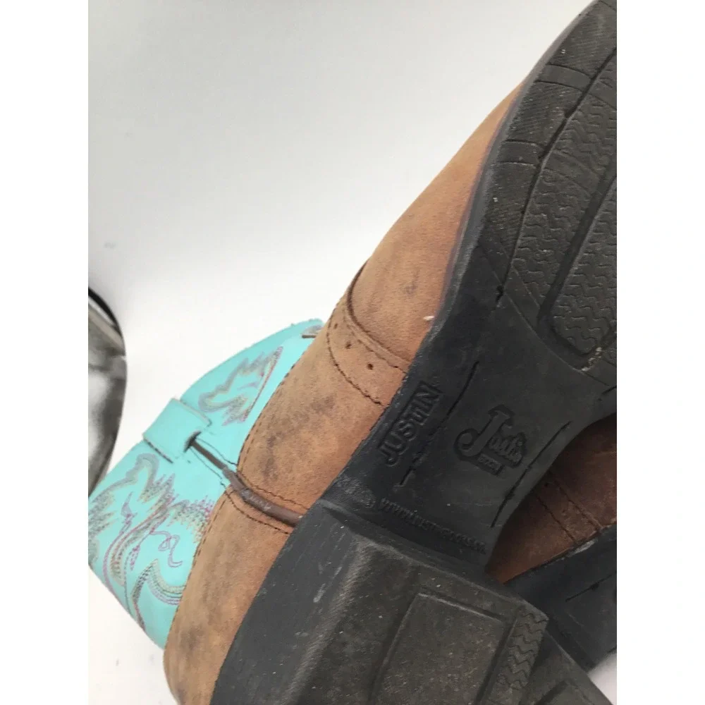 Justin Kids Brown Leather Turquoise Shaft Western Cowboy Boots 4853Y Size 3D
